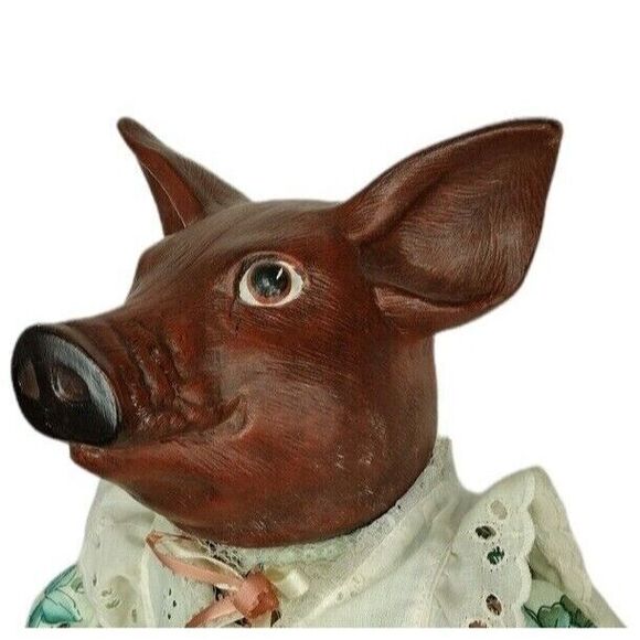 Antique Ceramic Macabre Anthropomorphic Pig Doll In Floral Dress & Bloomers - Picture 10 of 11